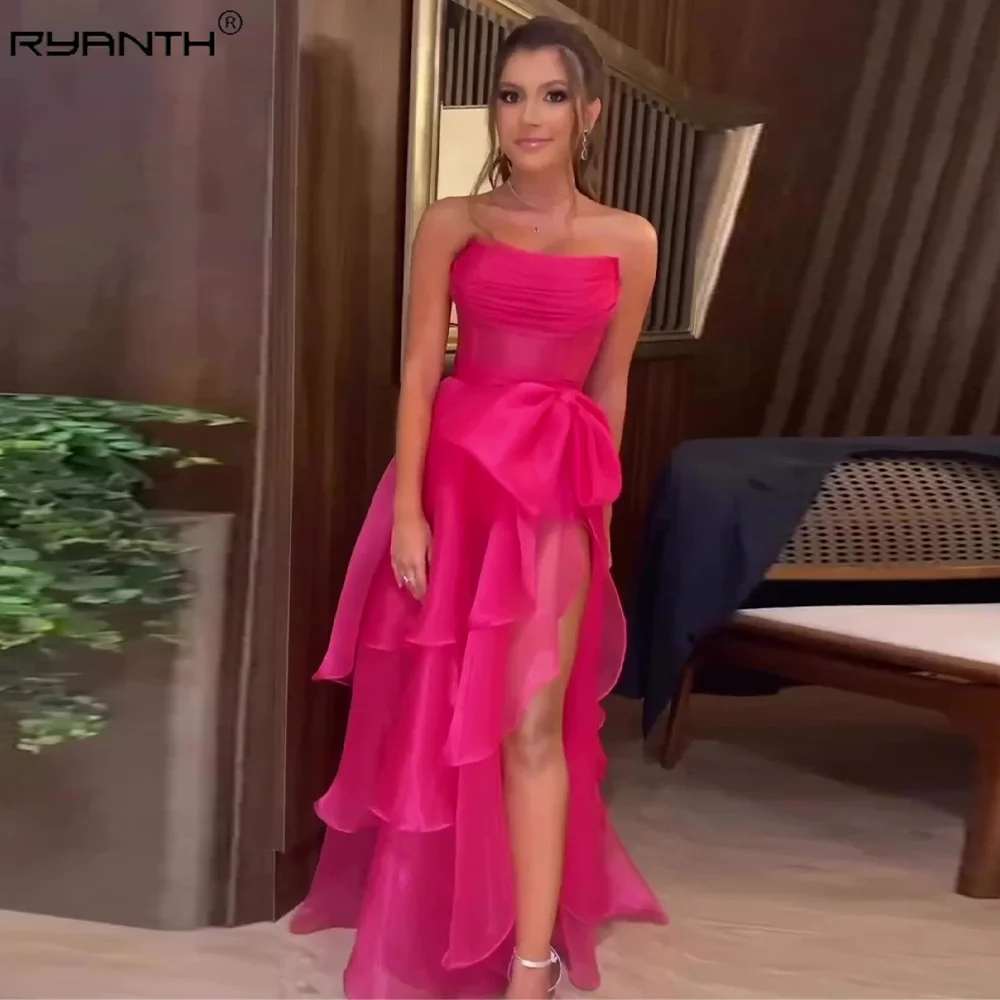 

Ryanth Hot Pink A-line Prom Dresses Women Special Occasion Dress Strapless Long Tulle Side Slit Evening Gown vestidos para mujer