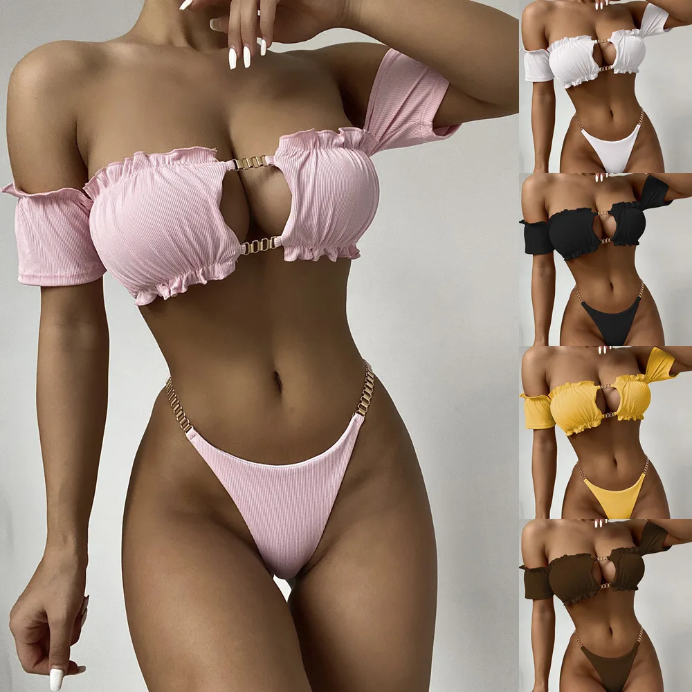 2022 Summer New Solid Color Women's Swimwear Short Sleeve Beach Bikini