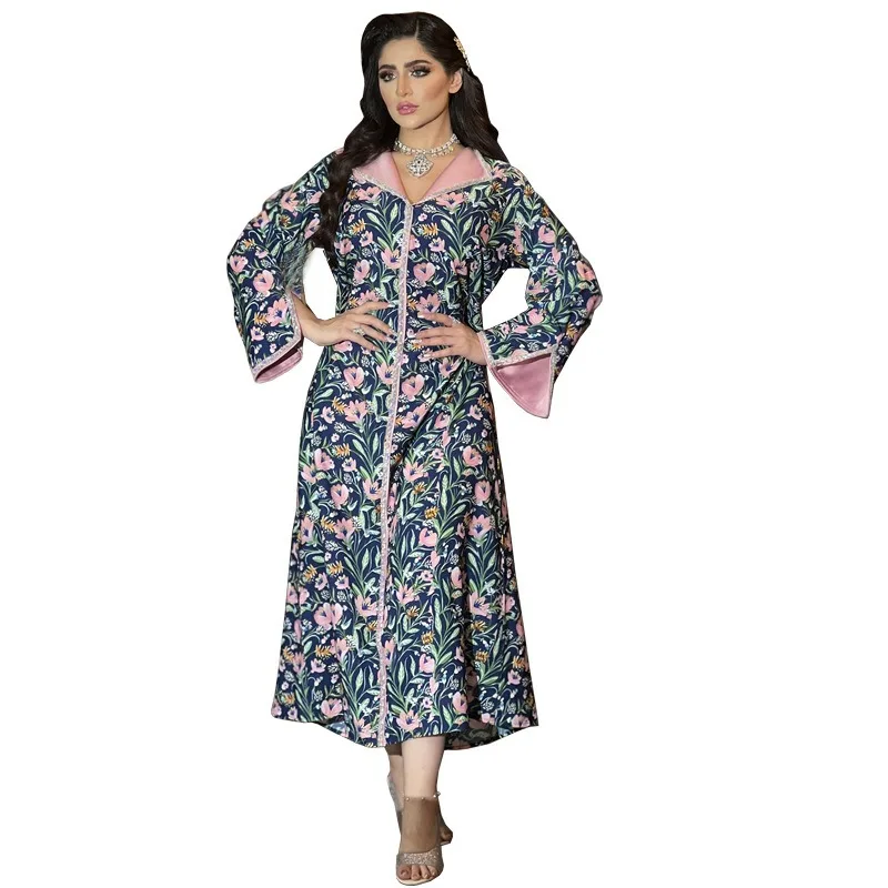Dubai Muslim Spring Style Printing Middle East Gown Twist Drill Hot Drilling Fashion Dress muslim sets  formal dress  abayat
