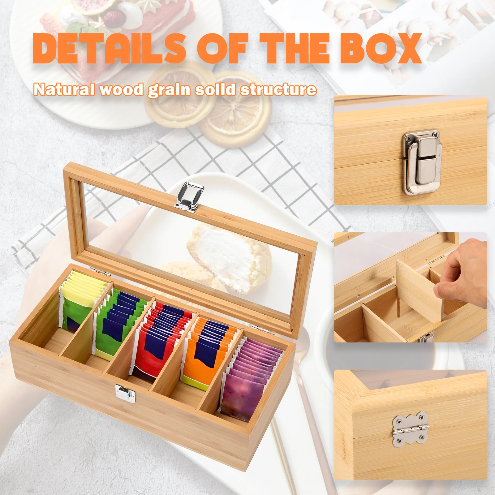 Bamboo Tea Storage Box with Clear Lid for Coffee and Sugar
