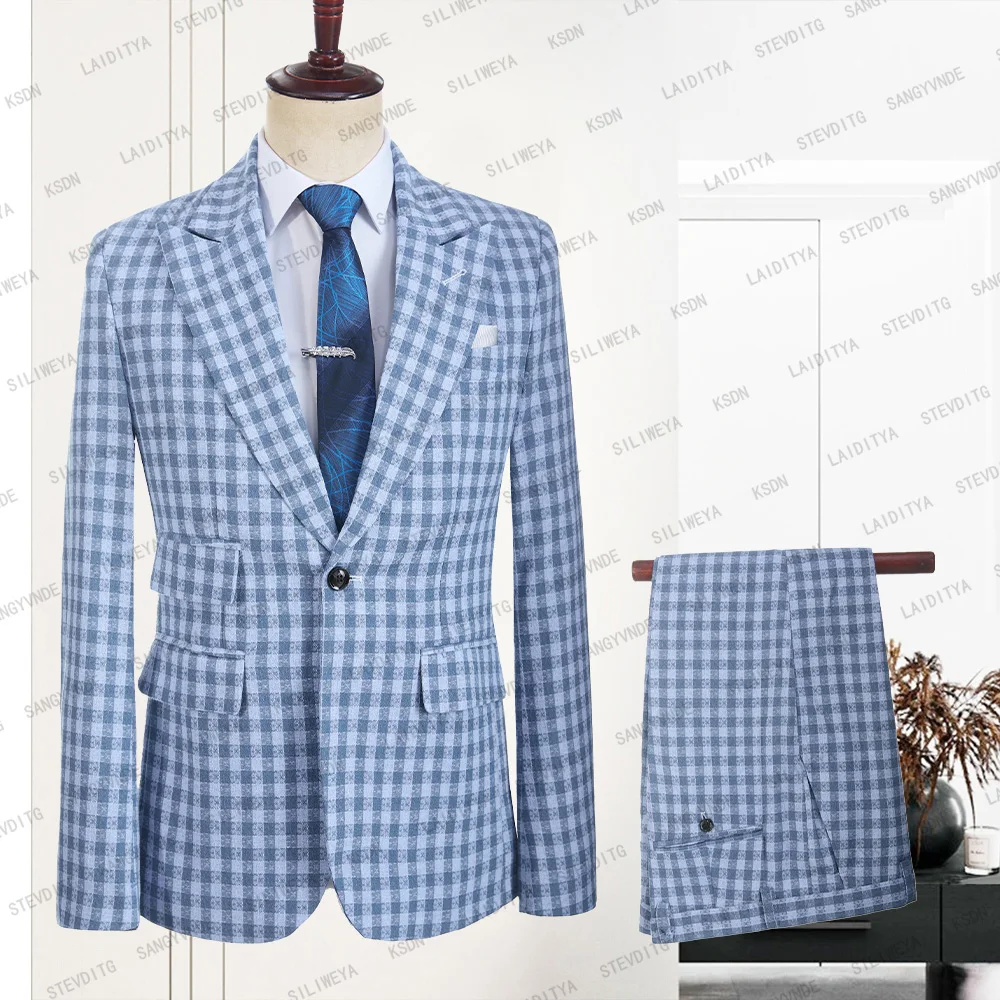 

Новинка 2023, высококачественные Брендовые мужские деловые льняные костюмы, синие классические клетчатые костюмы для жениха на свадьвечерние, комплект из 2 предметов, пиджак и брюки