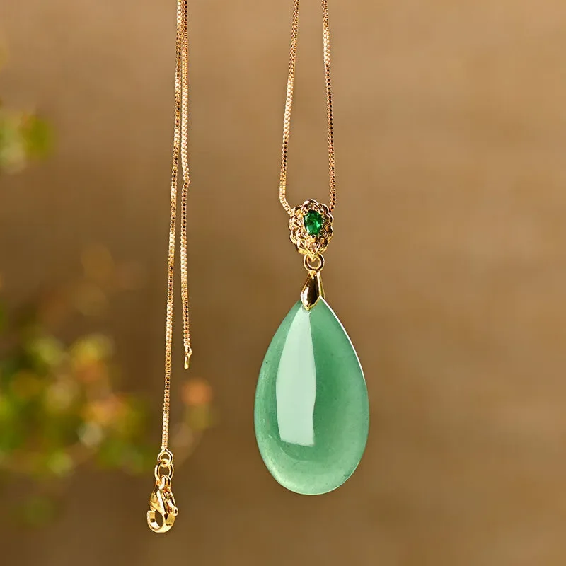 Pendentif En Jade Naturel Goutte 25mm - Vert Amande/kaki/pastel - Fait Main - Neuf