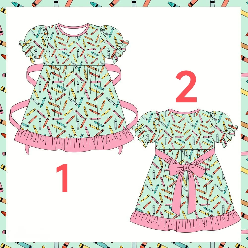 

Toddler Back to School Series Clothes Baby Girl Short Sleeve Dress Pencil Print Pink Belt Design Boutique Fashion milk silk