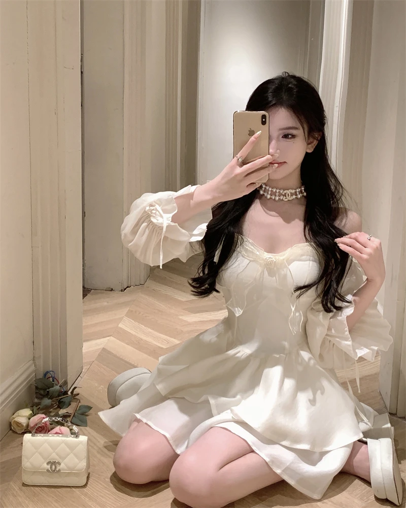 Elegant Princess Party Dress Flare Sleeves Layered Ruffles A-line Short Dresses for Women Korean Fashion One Piece Vestido Mujer