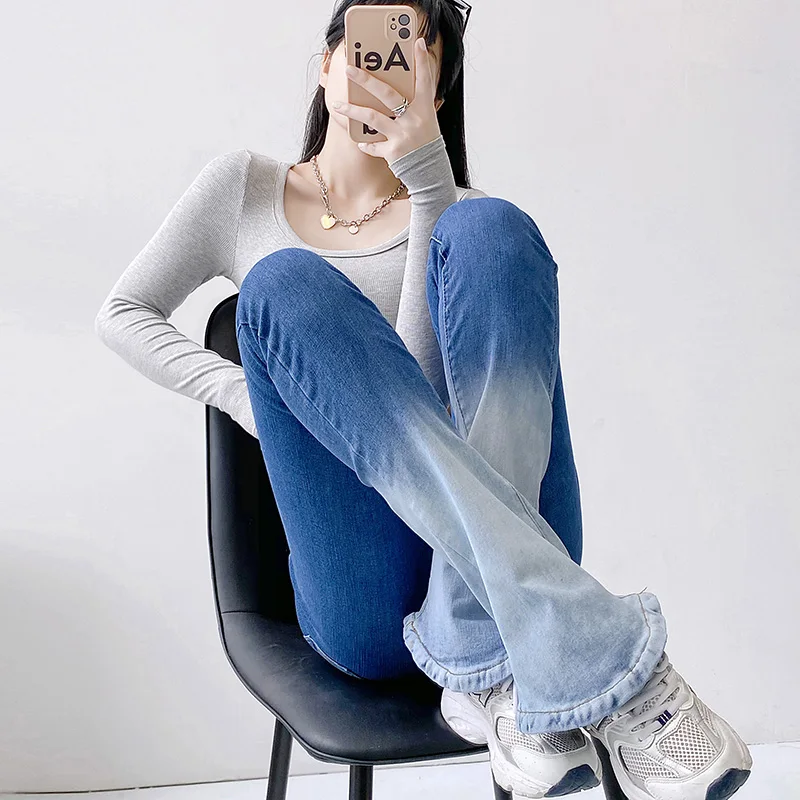 

2022 Fall Tie Dye Gradient Blue Stretch Flare Jeans Women Slim Fit Denim Trousers Full Length Horseshoe Pants Streetwear 3650