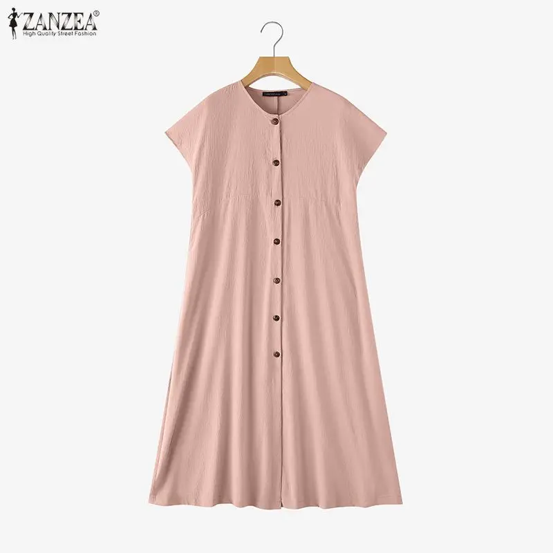 ZANZEA Fashion Summer O Neck Short Sleeve Dresses 2026 Women Casual Loose Sundress Solid Robe Elegant OL Work Dress Vestidos 5