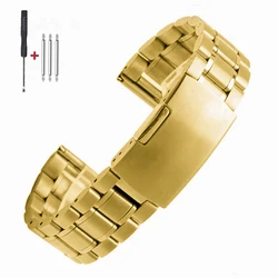 Elegant Stainless Steel Watch Band with Folding Clasp - Available in Silver, Gold, and Black, Includes Sizing Tool - 22mm (Gold - Flat End)