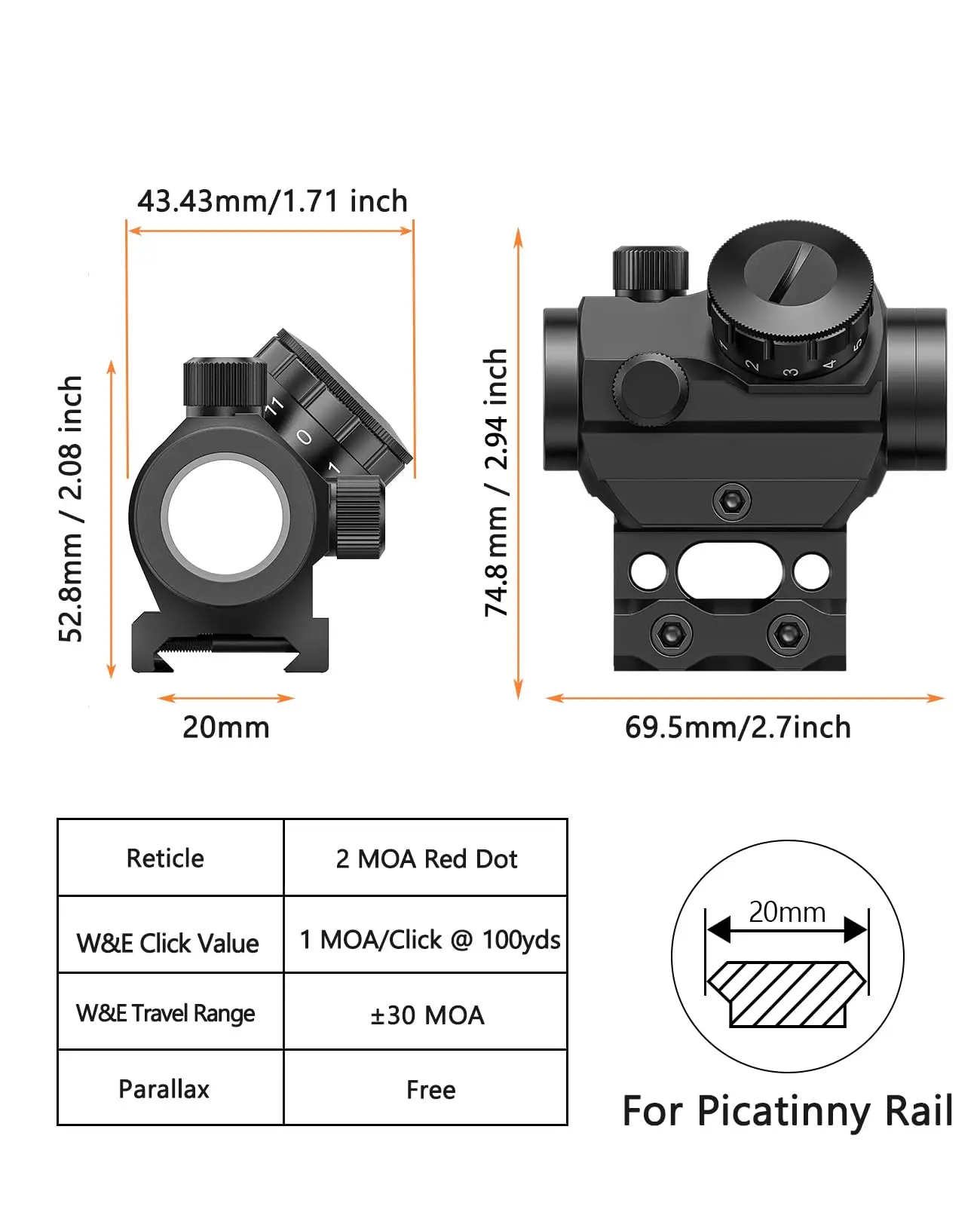 MidTen 2MOA 1x25mm Red Dot ReflexScope Sight Fit Rifle Waterproof Shockproof Fog-Proof with Mount Tactial
