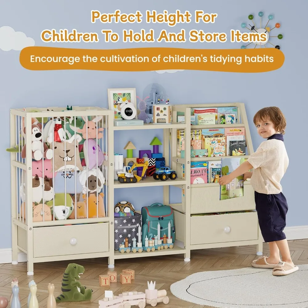 Montessori Kids Bookshelf Toy Storage with Drawers, 3-Tier Sling Shelf for Nursery Playroom