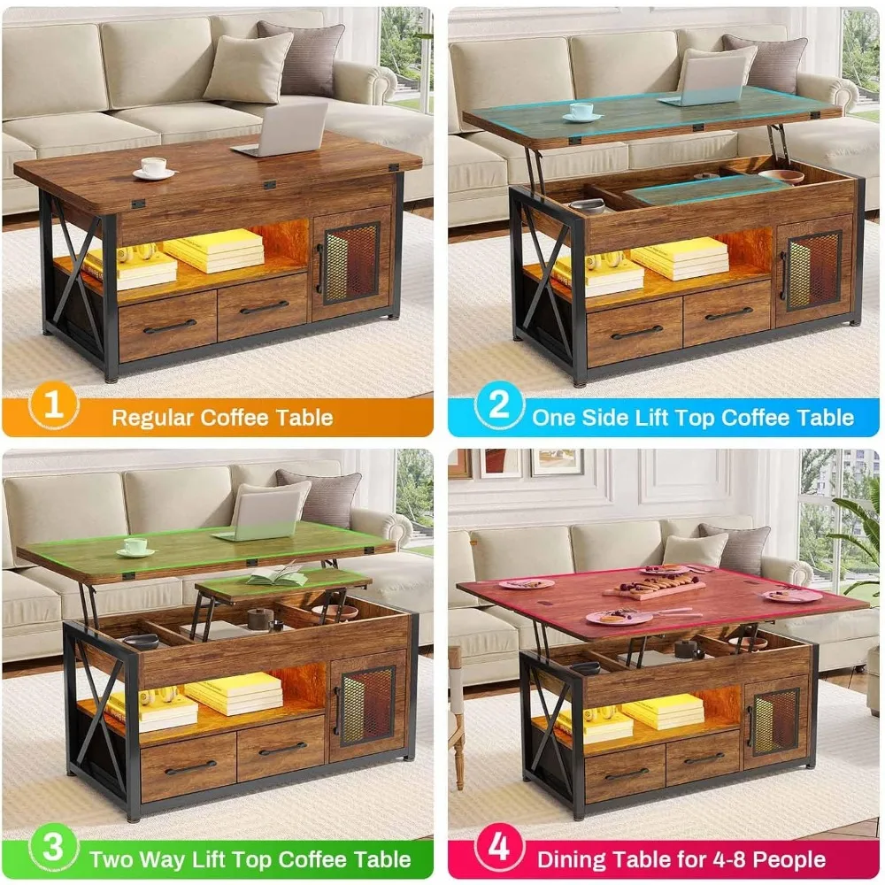 4 in 1 Coffee Tables with Storage Cabinet for Living Room, Small Farmhouse Coffee Table with 2 Fabric Drawers & LED Light 4