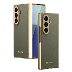 Plaid Vegan Leather Protective Case with Clear Glass Cover for Galaxy Z Fold4 (Olive Green)