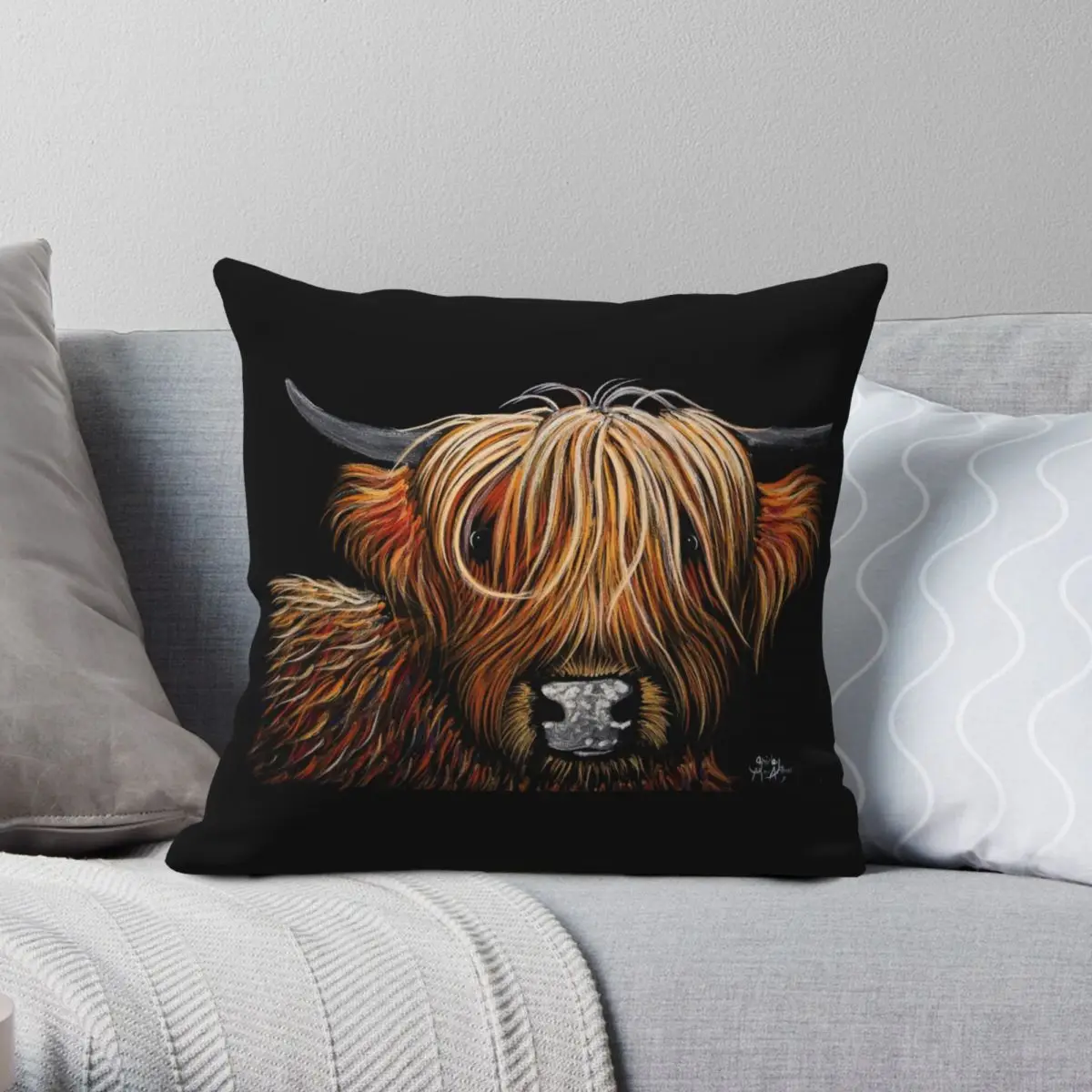 

Scottish Highland Cow Square Pillowcase Polyester Linen Velvet Creative Zip Decor Home Cushion Cover