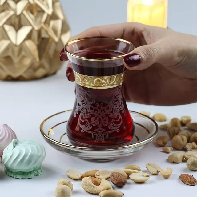 Vintage Turkish Tea Glasses Set of 6 – Gold Moroccan Style Cups & Saucers