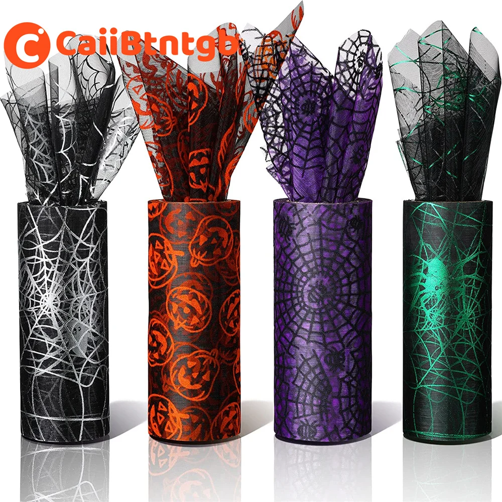 13CM*10Yards Halloween Tüllrolle Spinnennetz Tüllband Kürbis- und Fledermaus-Print Tüllrolle für Kranzherstellung Halloween-Dekoration
