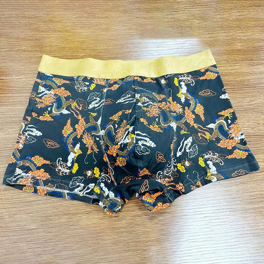 Mens Cotton Underwear Soft Underpants Lucky Dragon Printed Boxer Briefs Sexy Bulge Pouch Panties Casual Loose Shorts Lingerie