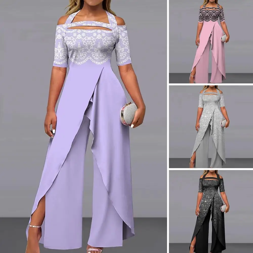

Lady Jumpsuit Halter Neck Hollow Out Half Sleeve Off Shoulder Print Wide Leg Straight High Waist Split Party Prom Ball Jumpsuit