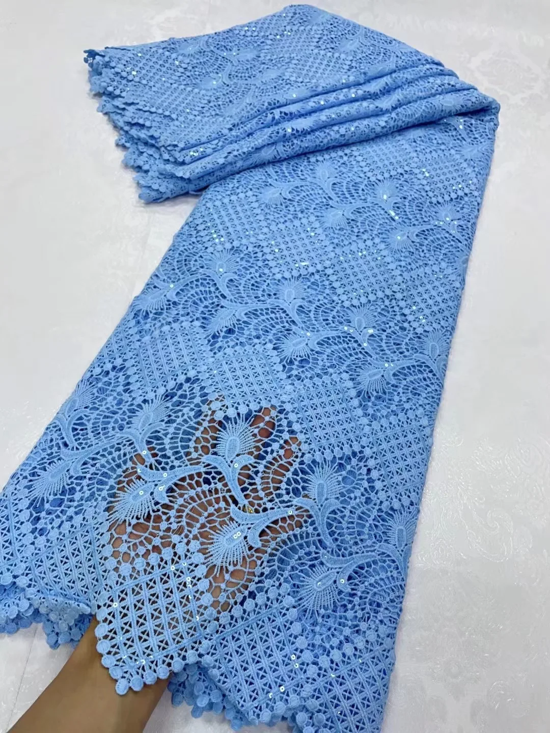 

Sky Blue Nigerian Water Soluble Lace Fabric 2023 High Quality African Guipure Cord Punch Sequins Lace Fabric For Party Material