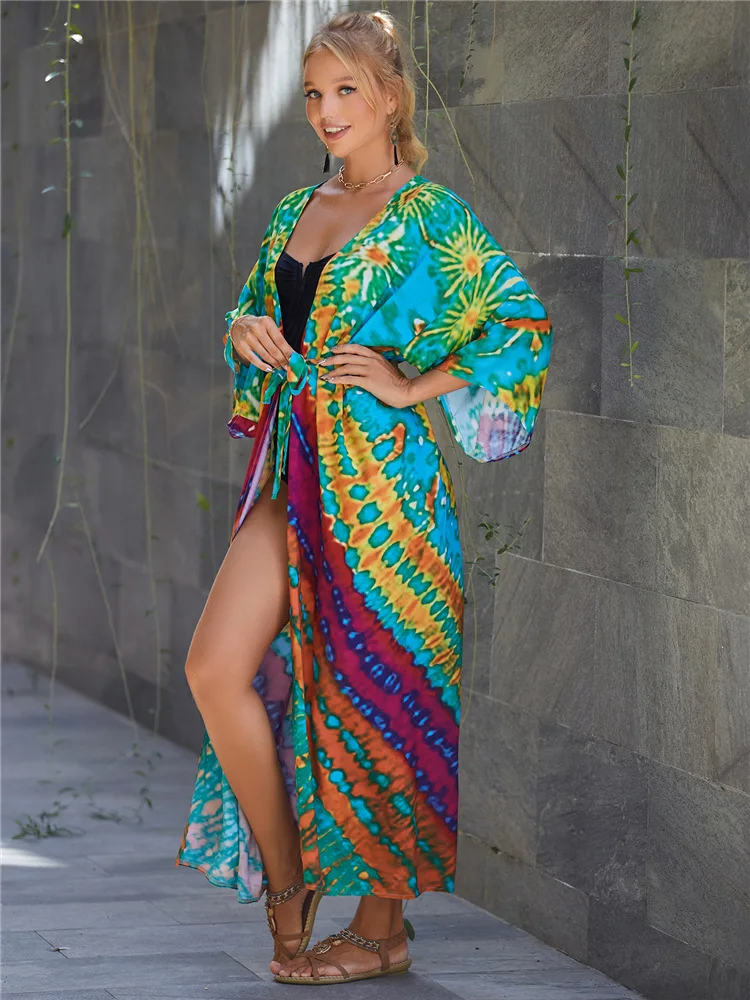 2023 Bohemian Swimsuit Cover Up Retro Stripe Self Belted Women Summer Clothes Long Kimono Dress Beachwear Bikini Cover-ups Q1521 2