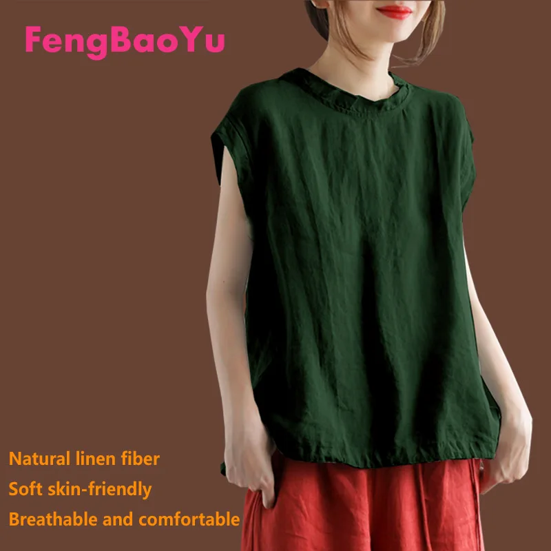 fengbaoyu-linen-summer-lady-sleeveless-t-shirt-wearing-leisure-sports-shirt-running-fitness-clothes-comfortable-weight-120kg-5xl