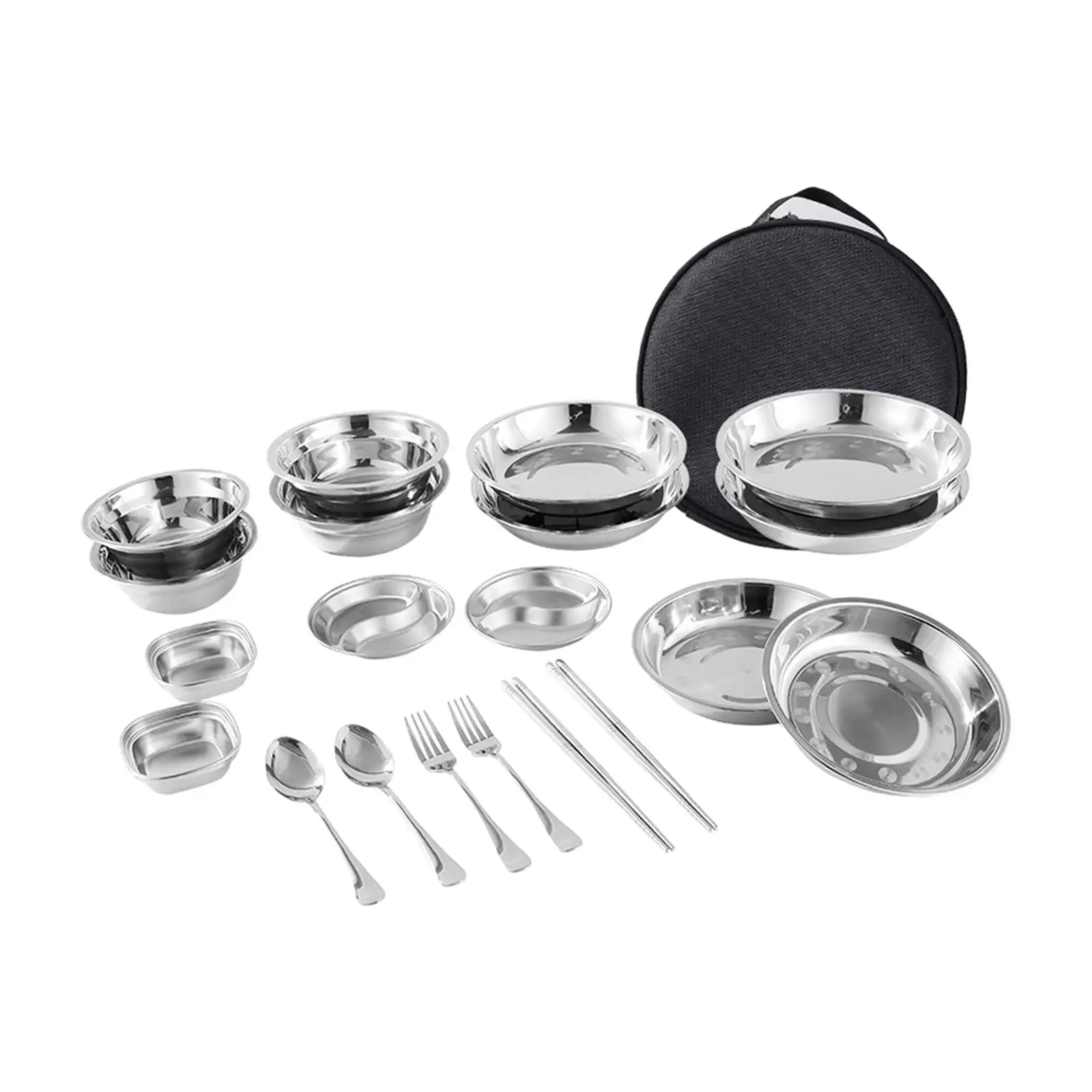 Stainless Steel Plates and Bowls Camping Dinnerware Tableware with Carry Bag