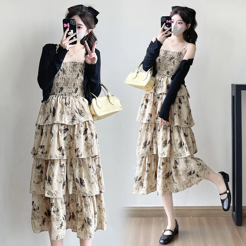 Spring Pregnant Woman Floral Dress Suits Sweet Long Sleeve Cardigans Strap Cake Dress Twinset Fashion Maternity Party