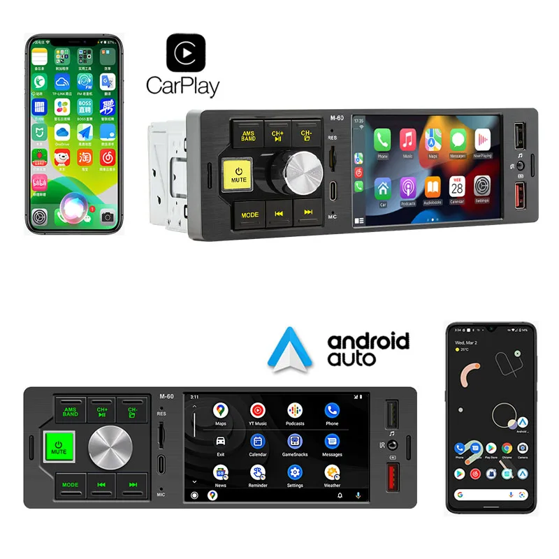 Car Radio, Car Music Player, MP3 Music Player 1 Din Car Radio CarPlay Android-Auto Bluetooth Hand Free Mirroring link 4 inches MP5 Player A2DP USB Audio System Head Unit M60