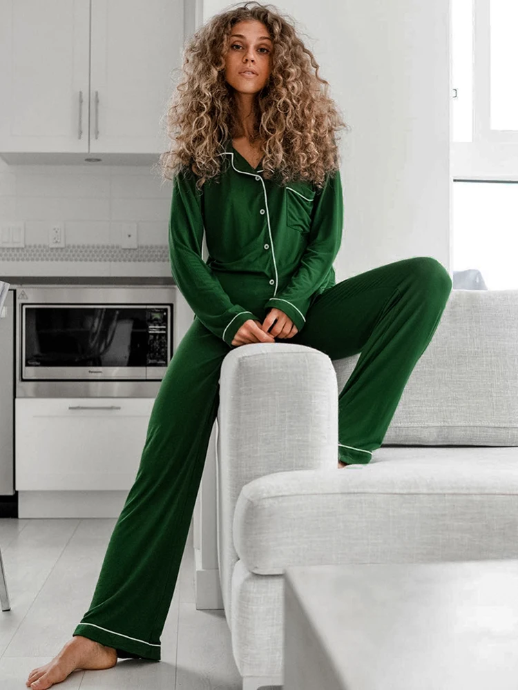 

Restve Knitted Women's Nightwear 2 Piece Sets Green Long Sleeve Sleepwear Female Trouser Suits Solid 2022 Winter Casual Pajamas