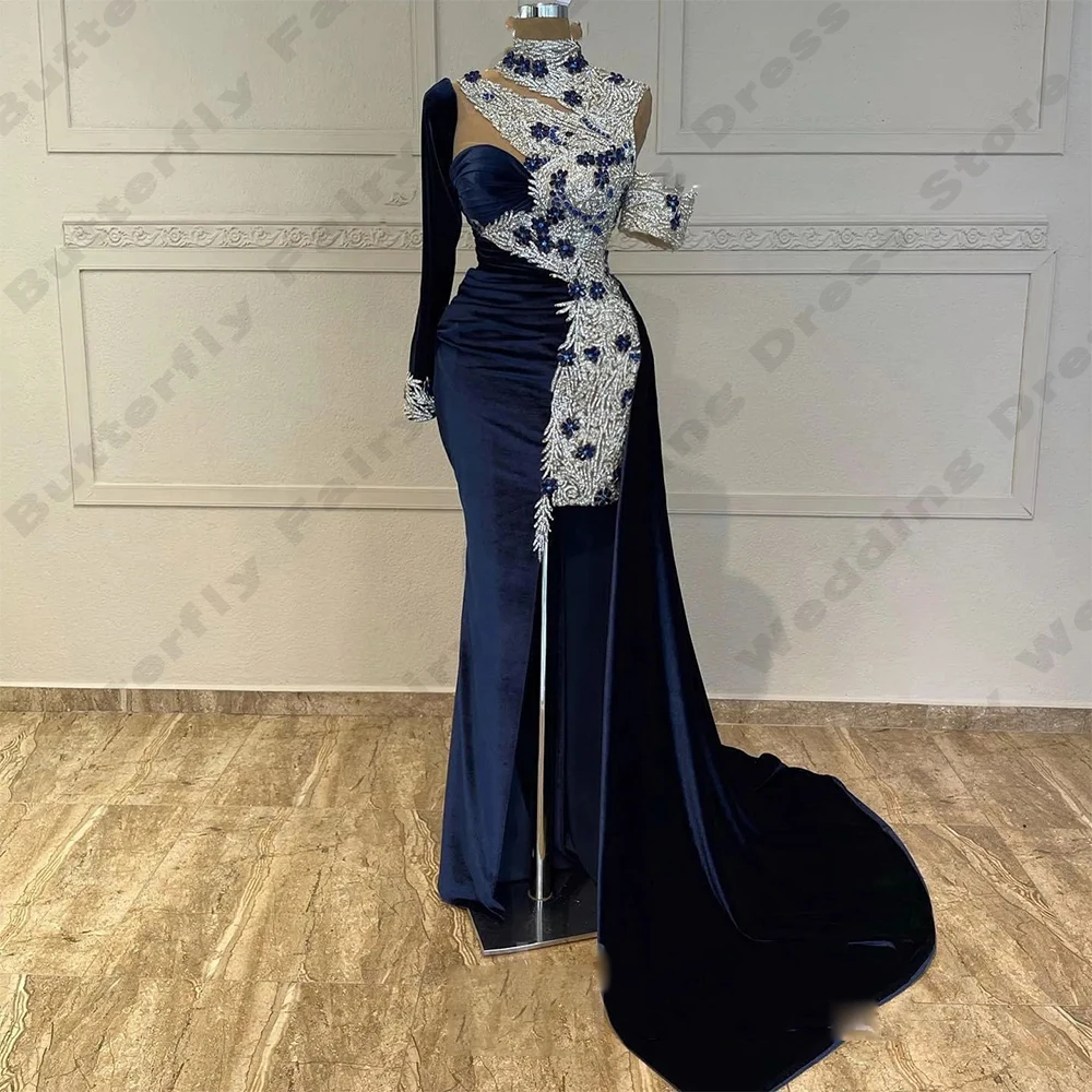 

2024 Women's Evening Dresses Mermaid High Neck Elegant One Shoulder Long Sleeve Lace Applique Princess Prom Gowns فساتين السهرة