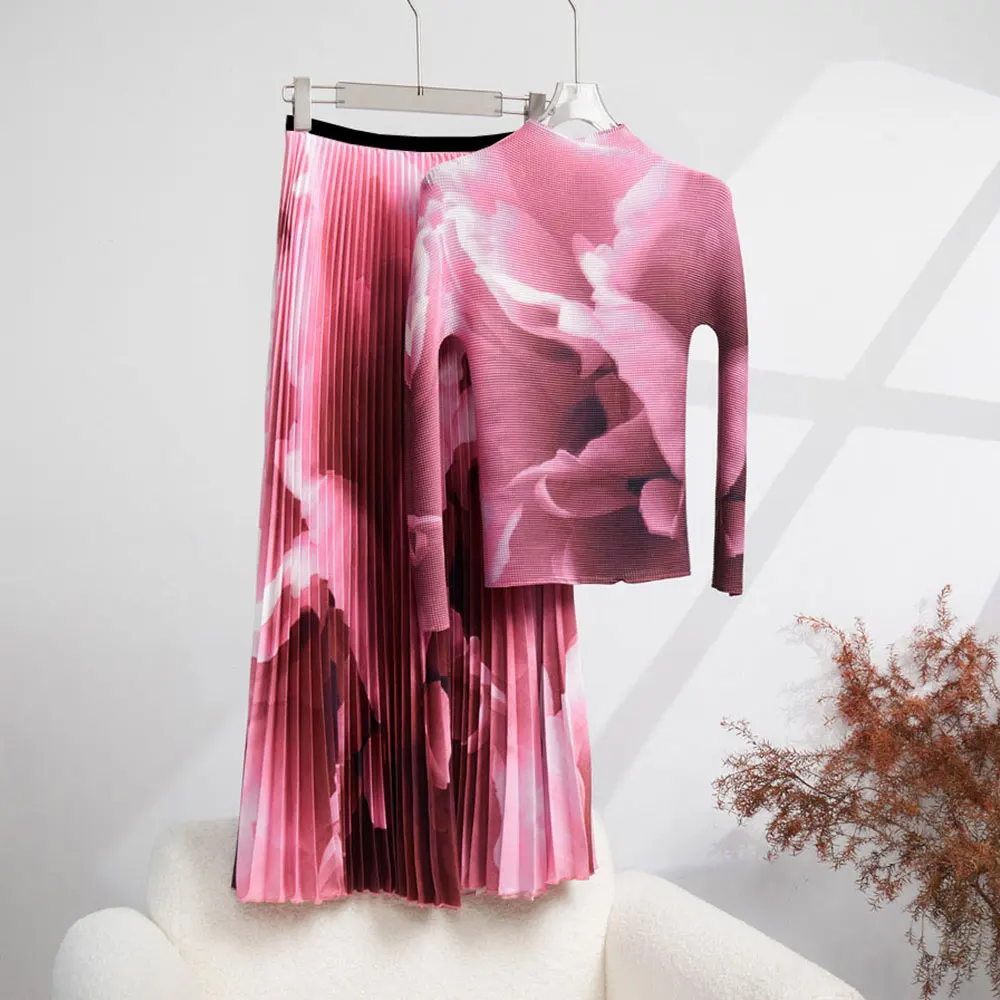 Miyake Pleated Suit for Women Autumn Gradient Printing Long Sleeve High Neck Top + High Waist Midi Skirt Two Pieces Set N9268