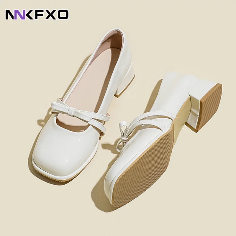 

New Women's Mary Jane Shoes Square Toe Shallow Bow Middle Heel Elegant Women's Shoes