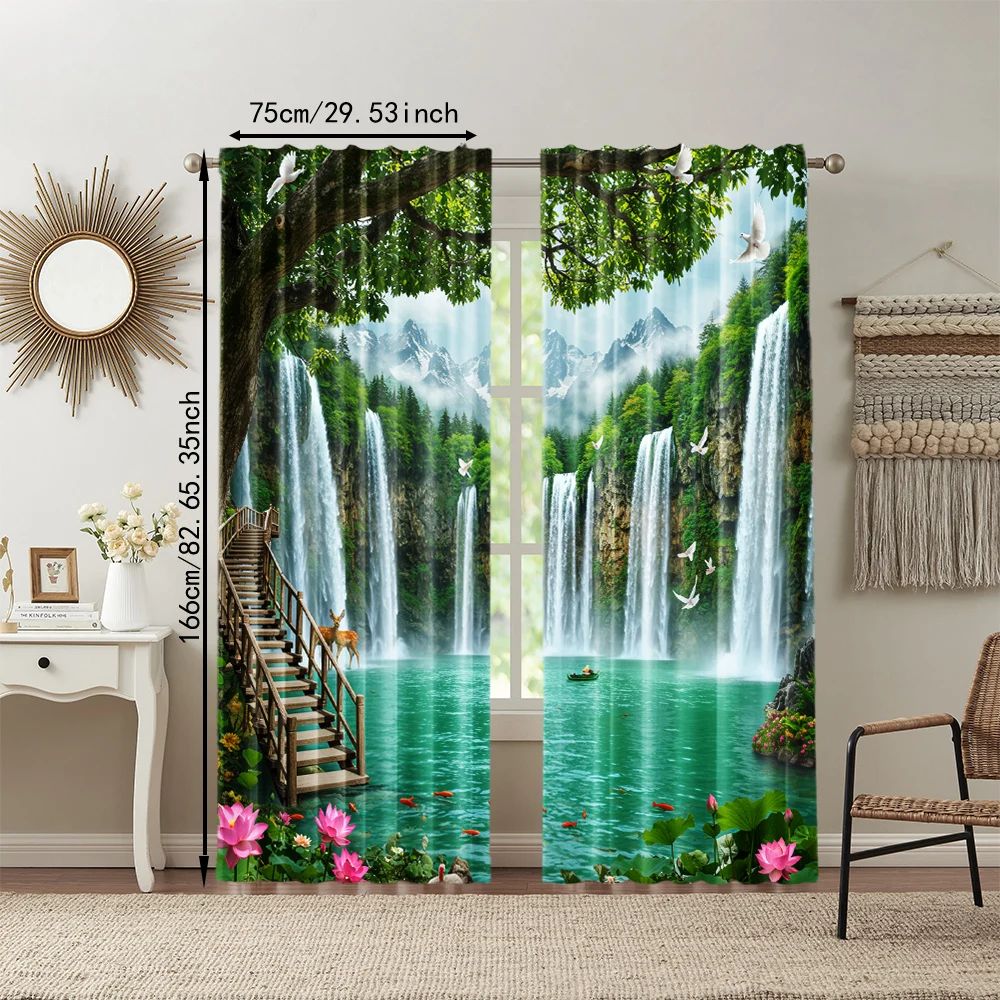 2pc, Party Window Curtains Forest waterfall pattern Fabric,Without Electricity Birthday Party Applies to aesthetic room decor 3