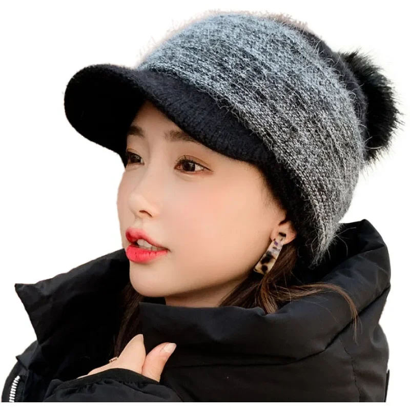 New Women Winter Thick Warm Fuzzy Knit Beanie Cap with Visor Bill Cute Pompom Cold Weather Windproof Skullies Baseball Cap