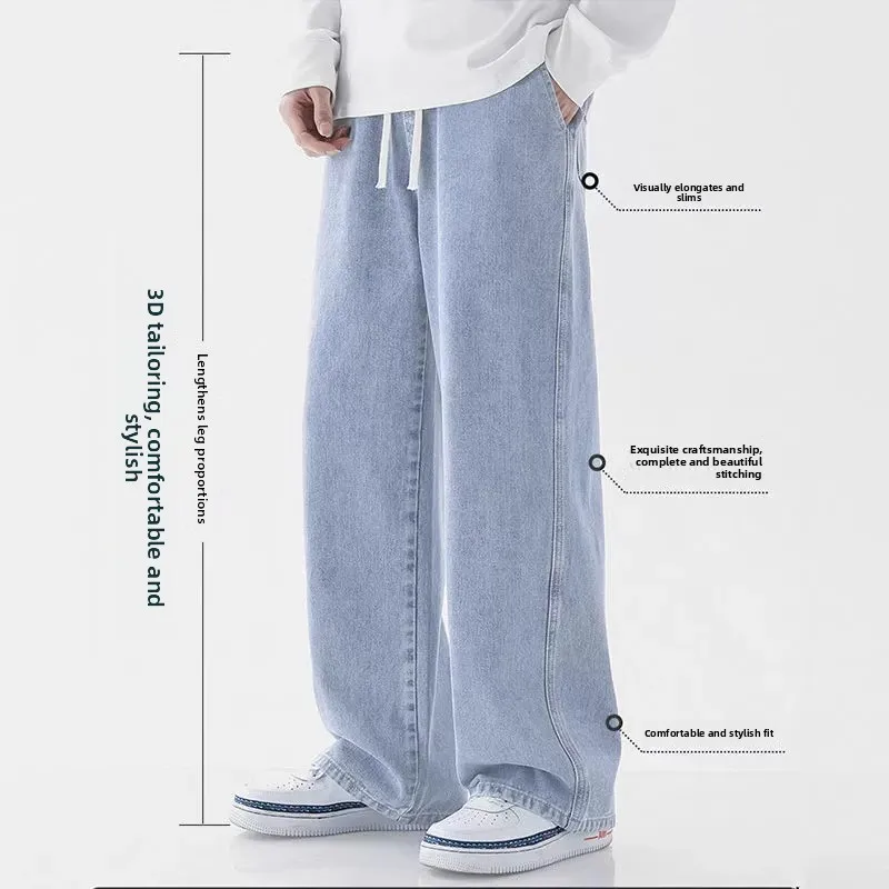 Casual Outdoor Men's Jeans Elastic Waist Loose Fit Long Pants Spring Autumn Workwear Comfortable Straight Leg Blue Denim