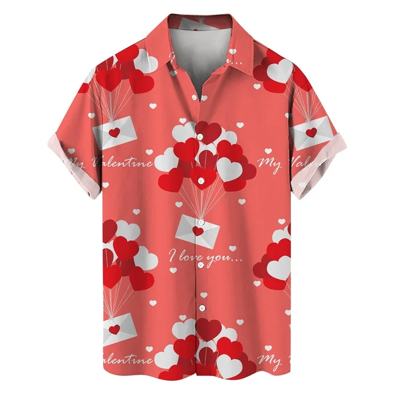 thumbnail image 1 of Camisas con botones para el día de San Valentín con estampado 3D para hombre, camisas casuales de verano de manga corta con cuello extendido para la playa, camisas de moda para hombre, 1 of 5