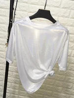 summer woman tops shiny loose short sleeve t-shirt sexy club aesthetic harajuku women stylish bright silk tshirt - Image 2