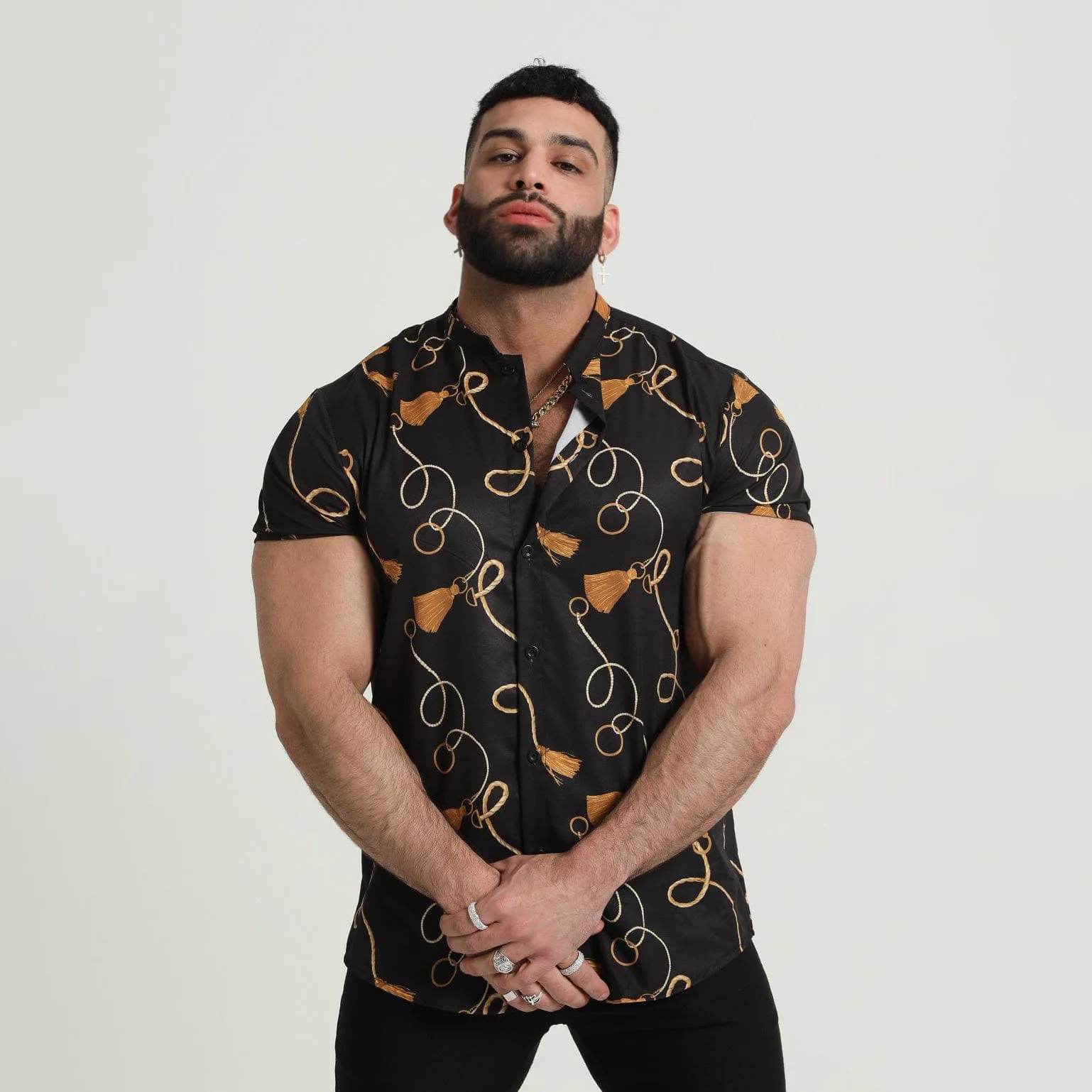

2022 standing collar summer new European and American men's casual geometric printing short-sleeve shirt
