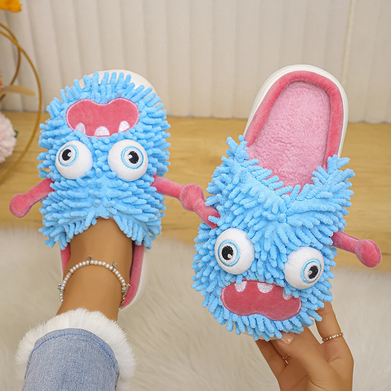 Cartoon Monster Fluffy Slippers Women Thick Sole Non Slip Infoor Funny Slippers Woman 2025 Plush Warm Home Cotton Slides Shoes