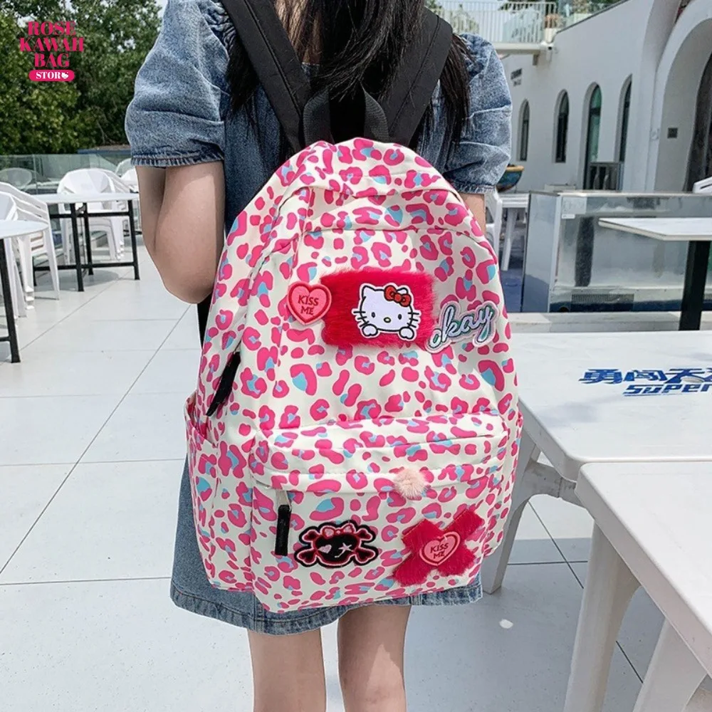 Hello Kitty Backpack Cartoon Anime High-Capacity Kawaii Hello Kitty Bag Cute Pink Leopard Print Ins Backpack for Girls Student