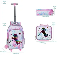 3PCS Rolling Backpack for Girls Kids Wheeled School BookBag With Lunch And Pen Bag Pink Unicorn Glow-in-the-dark Function 5