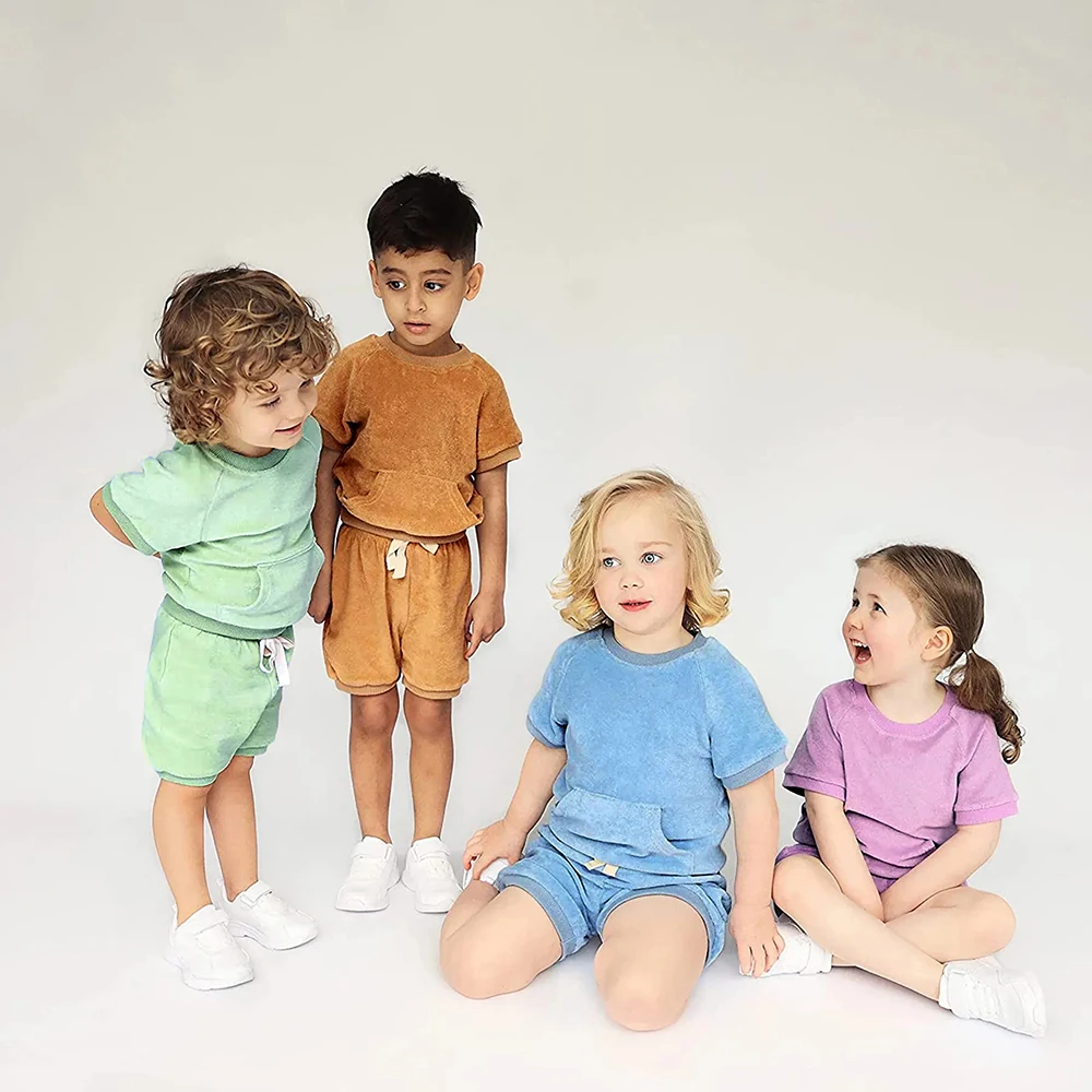 Spring Autumn Kids Outfits Solid Terry Cloth T-shirt + Shorts Clothes Summer Boy Girl Korean Tracksuit For 9M-5T Infant Set kids clothing set