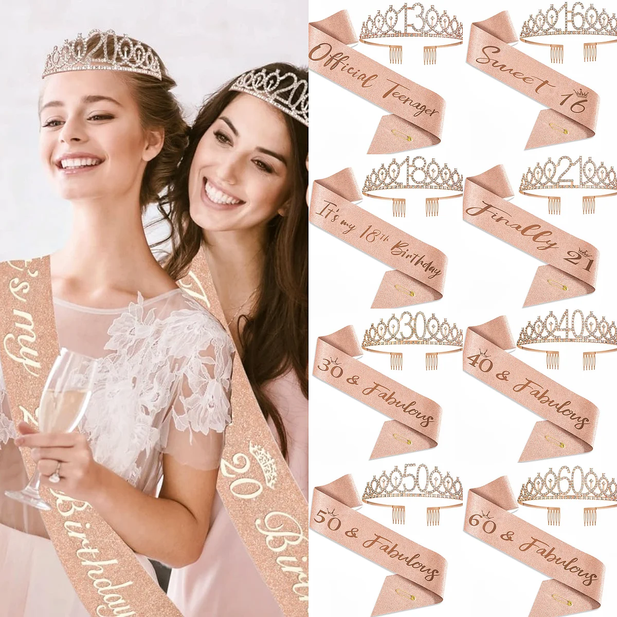 Geburtstags-Tiara Krone Schärpe für Frauen und Mädchen zum 18., 21., 30., 40., 50., 60., 70. Geburtstag Party-Dekoration Geschenke – Detail 1