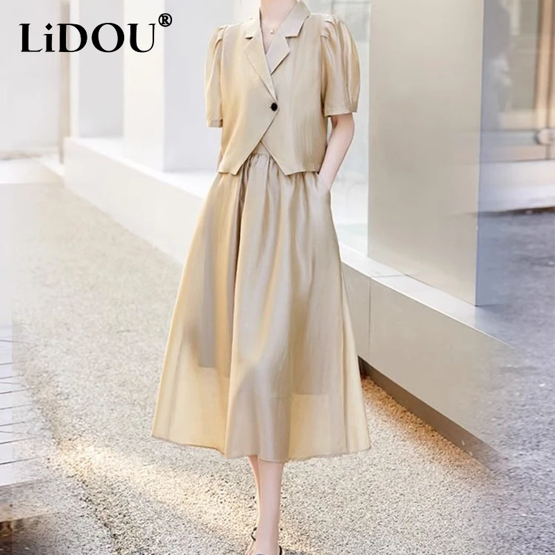 2023 Summer New Fashion Solid Color Tailored Collar Short Sleeve Button Tops and Elastic Waist Elegant All-match A-line Skirt navy new men suits 2 pieces jacquard blazer vest one button white satin lapel tuxedo fashion wedding formal work causal tailored