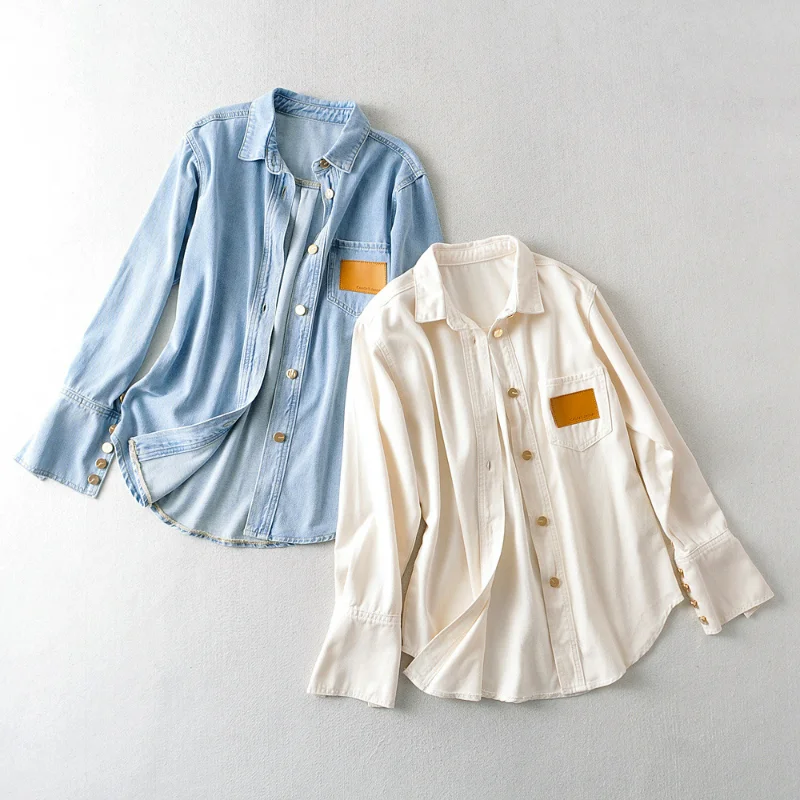 

Denim Shirts for Women Blouse Long Sleeves Loose New Bottons Single-breasted Simple All-match Coat Street Fashion Light Blue Top