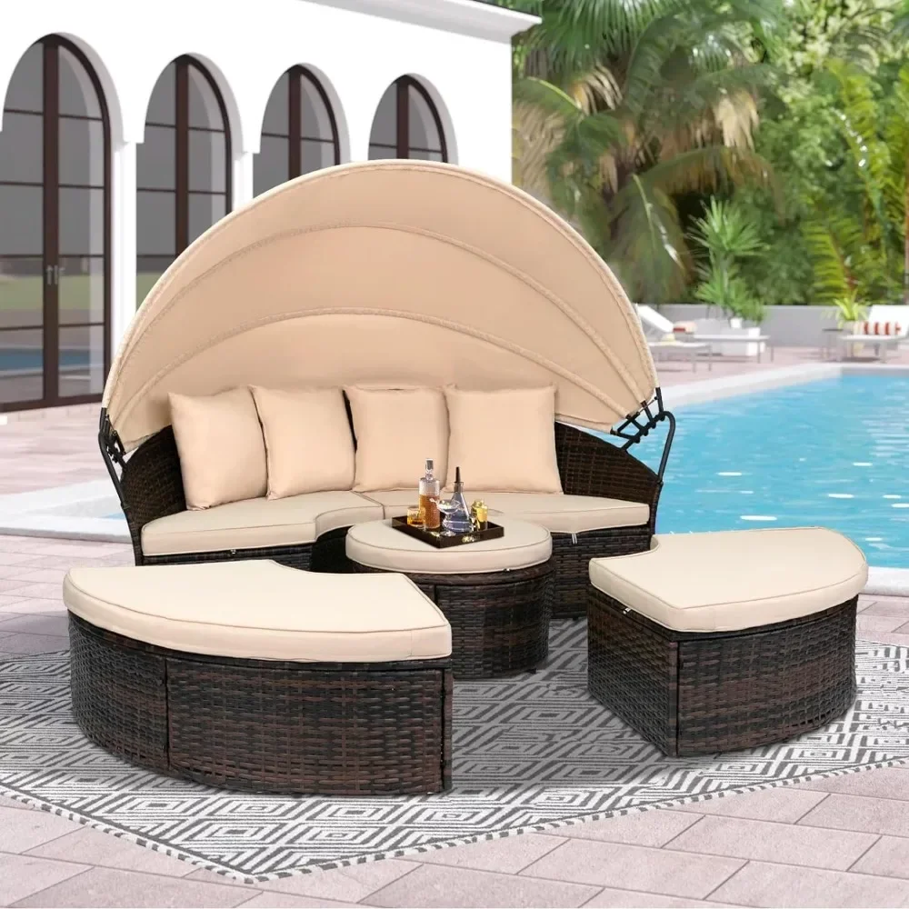 Canopy Bed Round Daybed with Washable Cushions, Clamshell Sectional Seating Wicker Furniture with Retractable Canopy (Brown）