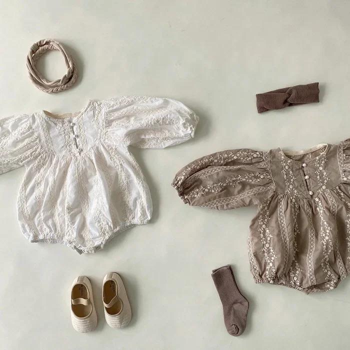 Spring Thin Long Sleeve Baby Girl Romper Vintage Embroidered Princess Outfit Photography Crawling Suit Cotton Onesie