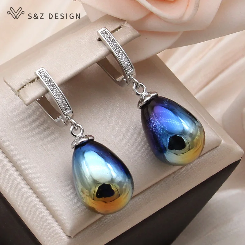 S&Z DESIGN New Fashion Colorful Water Drop Beads Dangle Earrings For Women Wedding 585 Rose Gold Color Cubic Zirconia Jewelry