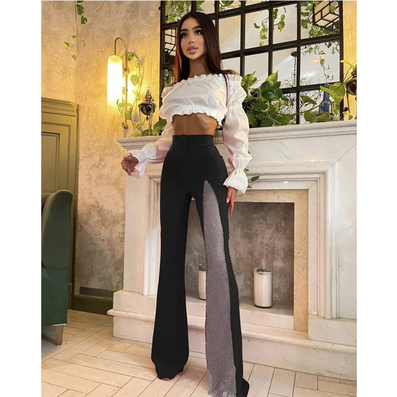 パンツ Mediam Diamond pattern Flare pants RHINESTONE MESH HIGH WAIST FLARE LEGGING – AKIRA