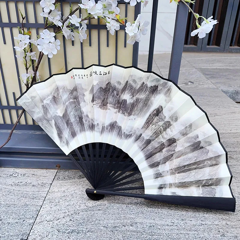 10 Inch Chinese Folding Fan for Men - Traditional Silk Bamboo Hand Fan, Vintage Hanfu Summer Cooling Fan with Case