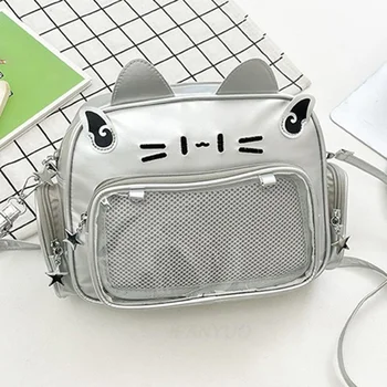 Zaini simpatico gatto per donna PU Casual Lolita Jk Harajuku Ita Borsa argento moda Y2K stile ragazze piccola borsa a tracolla zainetto