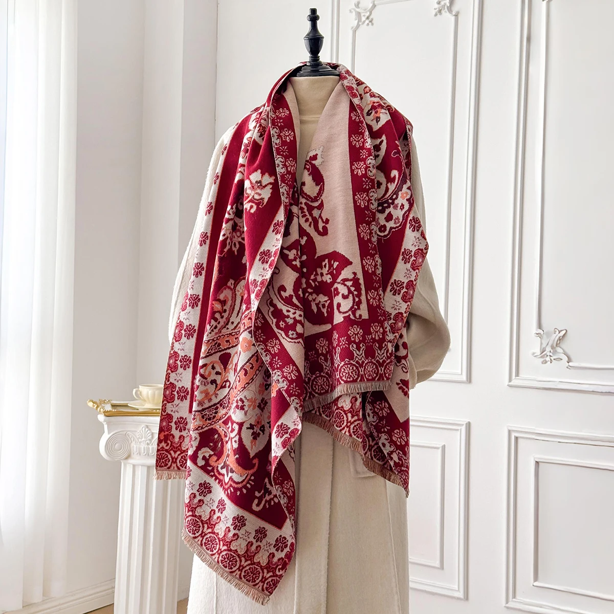 Brand Fashion Winter Cashmere Shawl for Women - Tasseled Flower Printed Pashmina Scarf, Thick Warm Wrap & Poncho